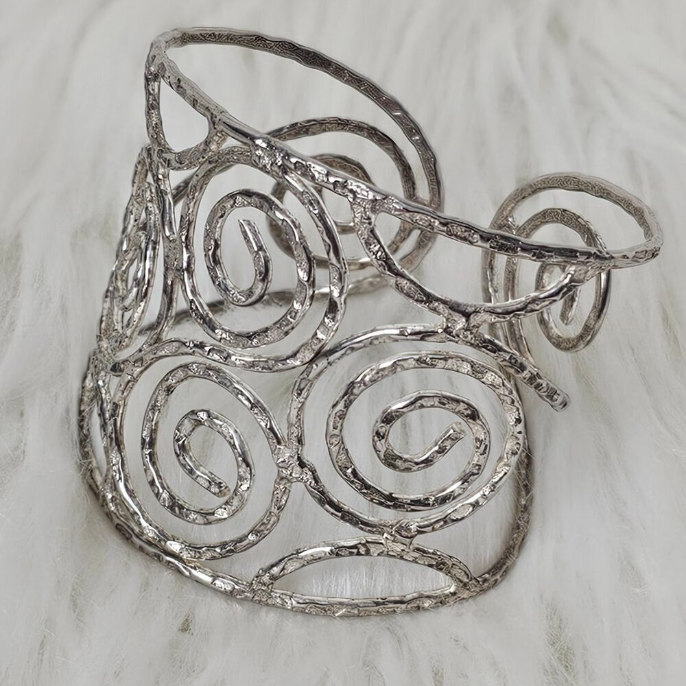 Vintage Swirl Silver Tone Wide Retro Adjustable Cut Out Cuff Bracelet